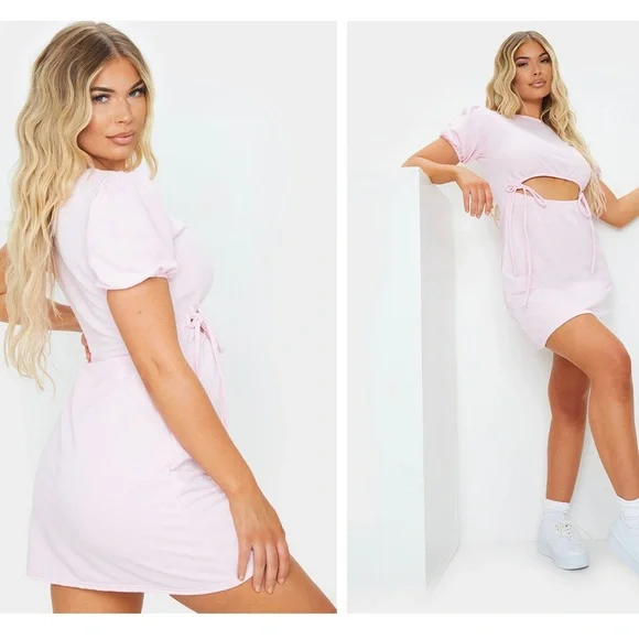 NWT PrettyLittleThing Baby Pink Puff Sleeve Cut Out Tie Sweatshirt Mini Dress 0 - Picture 4 of 12